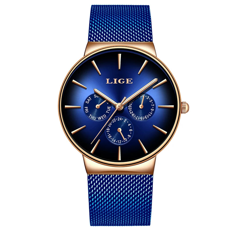 LIGE women’s watch, elegant and on-trend – sporty-casual style, mesh strap, quartz movement, date and day display, water-resistant.
