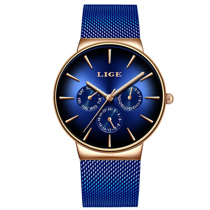 LIGE women’s watch, elegant and on-trend – sporty-casual style, mesh strap, quartz movement, date and day display, water-resistant.