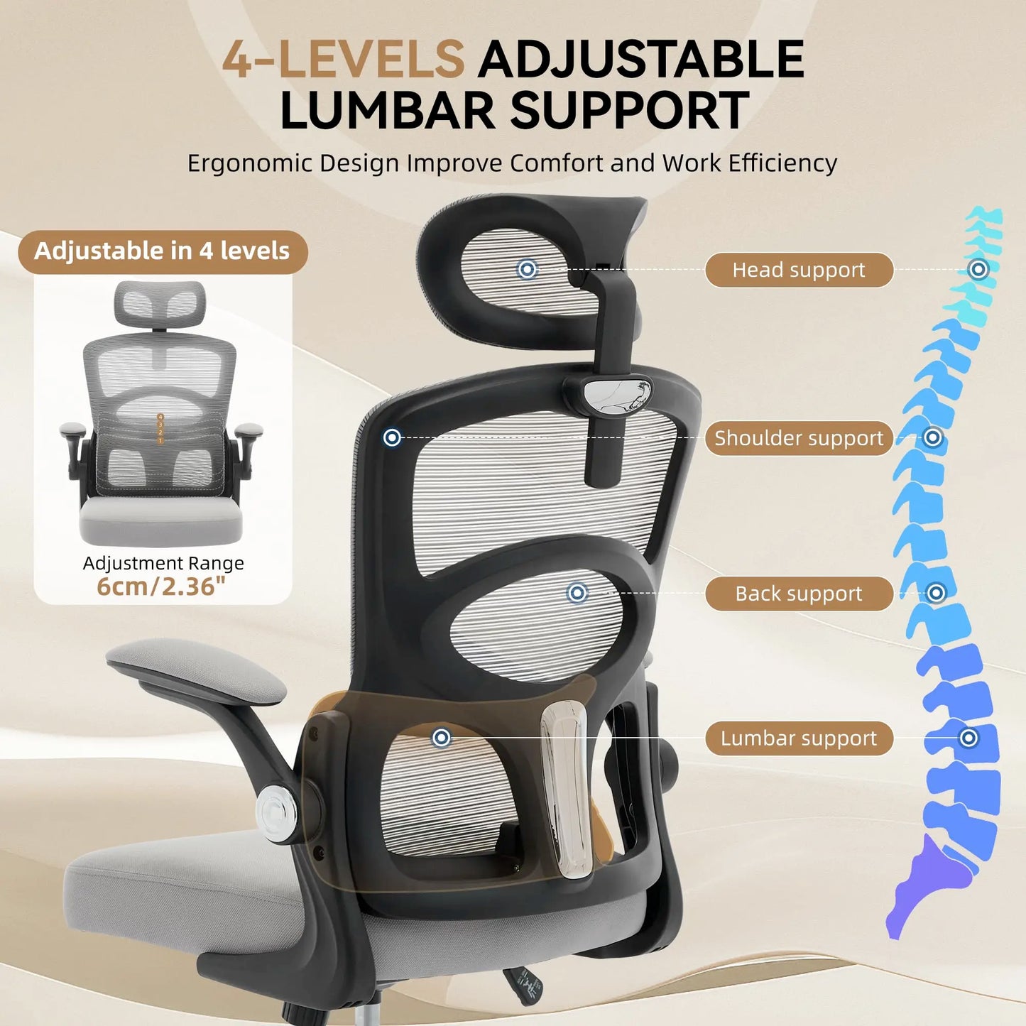 Ergonomic High Back Office Chair with Adjustable Headrest, Lumbar Support, Mesh Computer Gaming Chair, 360° Swivel Rolling Desk Chair
