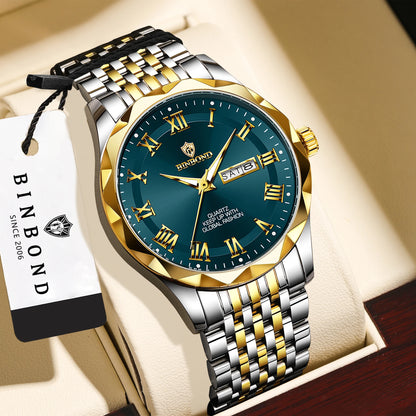 Luxusné quartzové náramkové hodinky BINBOND Original Brand pre mužov, s podsvietením, vodotesné, s automatickým dátumom, zobrazením dňa v týždni, v ležérnom štýle.