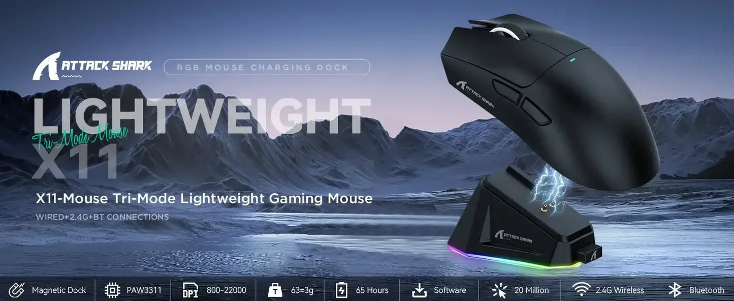 Mouse da gaming wireless Original Brand ATTACK SHARK X11 con dock di ricarica, sensore gaming PixArt PAW3311, Origin BT/2.4G wireless/cablato