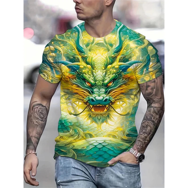 Dragon Phoenix -kuvioinen miesten T-paita, eläinaiheinen 3D-painettu T-paita, kesäinen rento lyhythihainen O-kaulainen oversize-katupaita