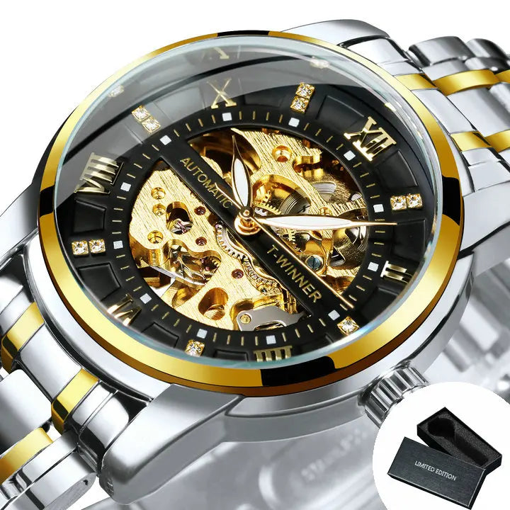 WINNER Classic Mechanical Watches Luxury Diamond Dial Black Gold Skeleton Automatic Mens Watch Stainless Steel Strap Wristwatch