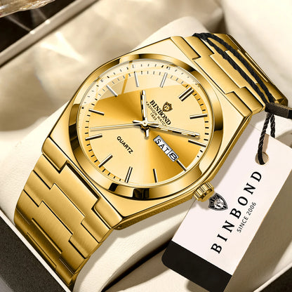 BINBOND luxury quartz wristwatch, luminous, water-resistant, day of the week, automatic date, steel bracelet, business, sport, fashion and casual styles.