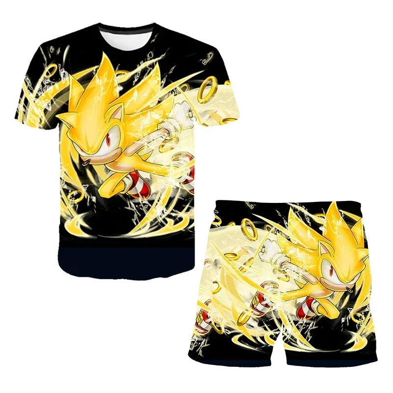 Fashion 3D Anime Children's T-shirt Set Sonic The Hedgehog Top Short Sleeve + Shorts Two-piece Set Girls Boys Cosplay Costume