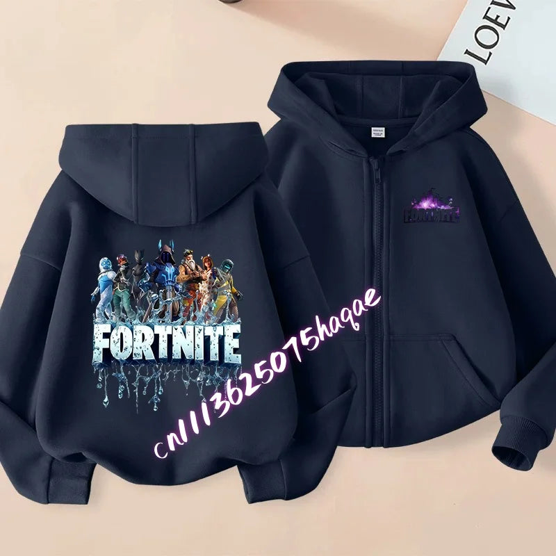 Nieuw Fortnite-kinderhoodiejack met cartoon-gamepersonageprint en rits, herfst- en winterjas voor kinderen, jongenskleding