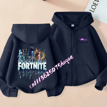 Nieuw Fortnite-kinderhoodiejack met cartoon-gamepersonageprint en rits, herfst- en winterjas voor kinderen, jongenskleding