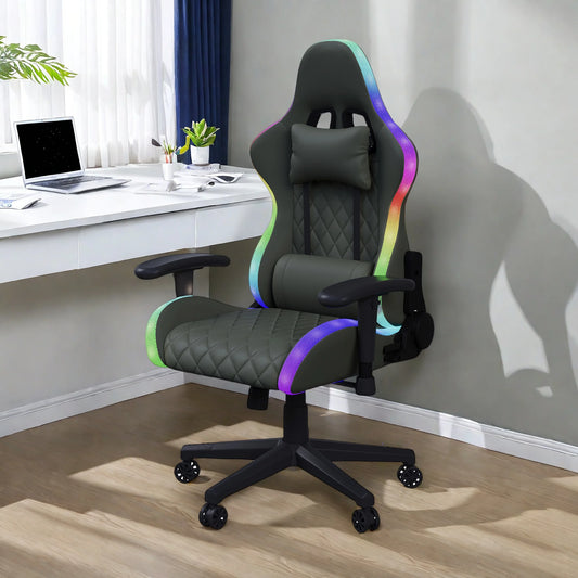 Ergonomic Gaming Chair with Massage Function, RGB LED Lights, Reclining Office Chair, Premium Leather Computer Chair with Lumbar Support