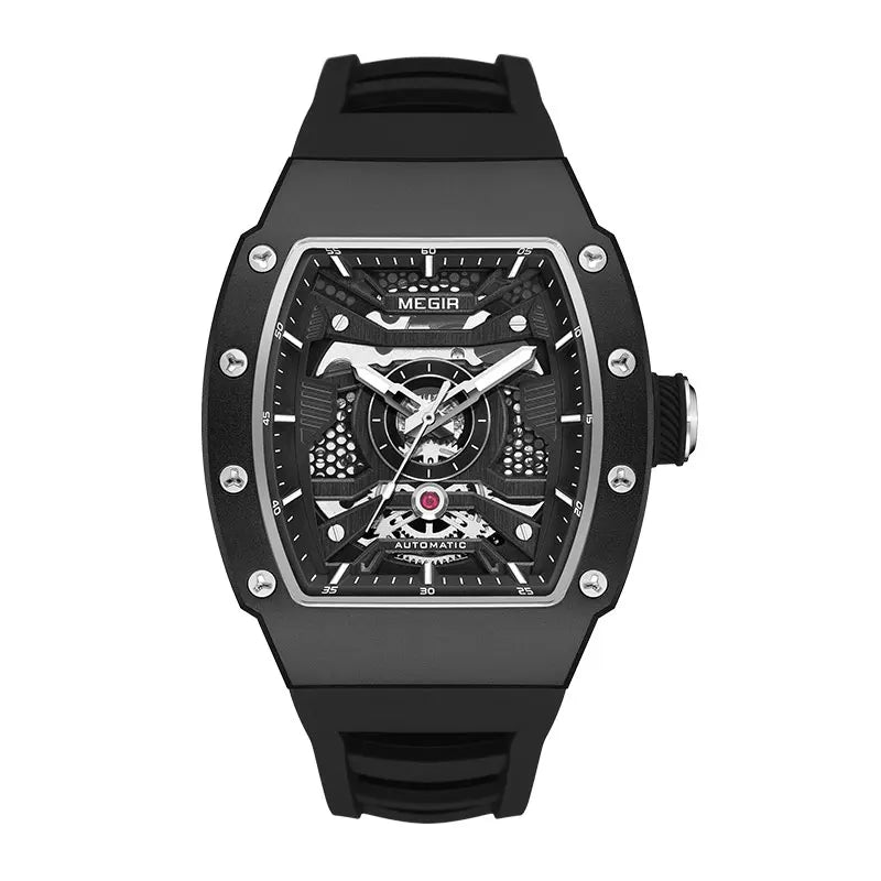 MEGIR Men's Automatic Mechanical Watch with Stainless Steel Case Silicone Strap Fashion Waterproof Luminous Wristwatch 8604