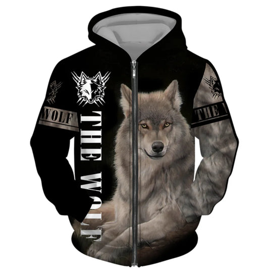 3D Wolf Print Men's Zipper Hoodies Fashion Animal Pattern Top Coat Street Punk Style Oversized Sweatshirts Outdoor Leisure Jackets