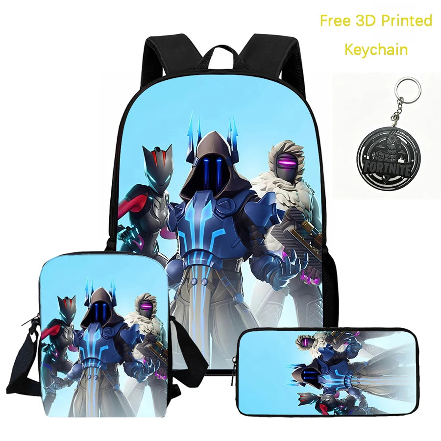 3Pcs Kids Backpack Set, Crossbody & Pencil Bag, FORTNITE Cartoon Bag, Lightweight for Boys and Girls Ages 5-10, Free 3D Printed Keychain