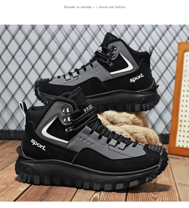 Black and Tan Mid-Top Hiking Boots Suede and Leather Platform Sneakers Non-Slip Outdoor Casual Shoes with Rugged Sole for All