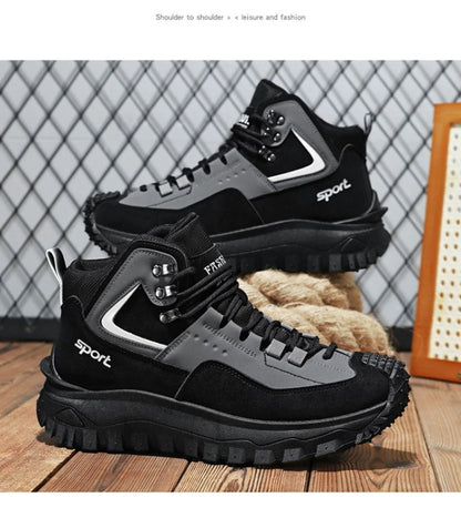 Black and Tan Mid-Top Hiking Boots Suede and Leather Platform Sneakers Non-Slip Outdoor Casual Shoes with Rugged Sole for All