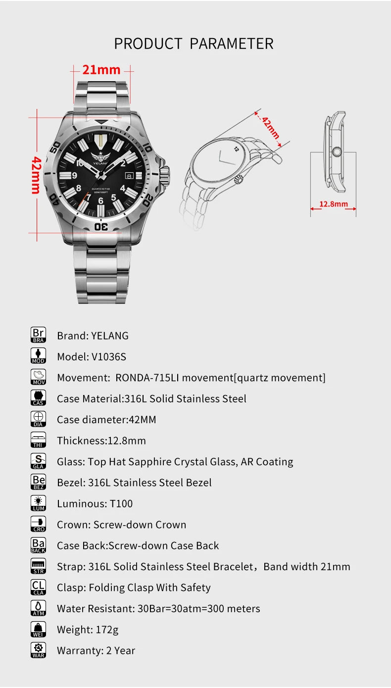 YELANG V1036 42mm Men Quartz Watch Luminous 10 Years Lithium Movement Rotated Dial 30ATM 300m Waterproof Military Style Watches