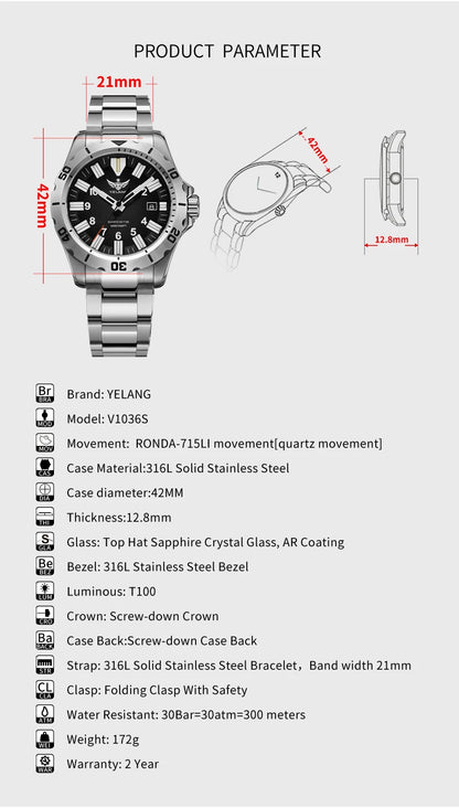 YELANG V1036 42mm Men Quartz Watch Luminous 10 Years Lithium Movement Rotated Dial 30ATM 300m Waterproof Military Style Watches