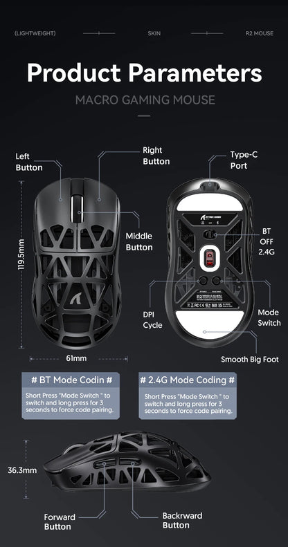 Attack Shark R2 trådlös gamingmus PAW3950 8K i magnesiumlegering, lätt gamingmus med Bluetooth Tri-Mode för gaming/kontor
