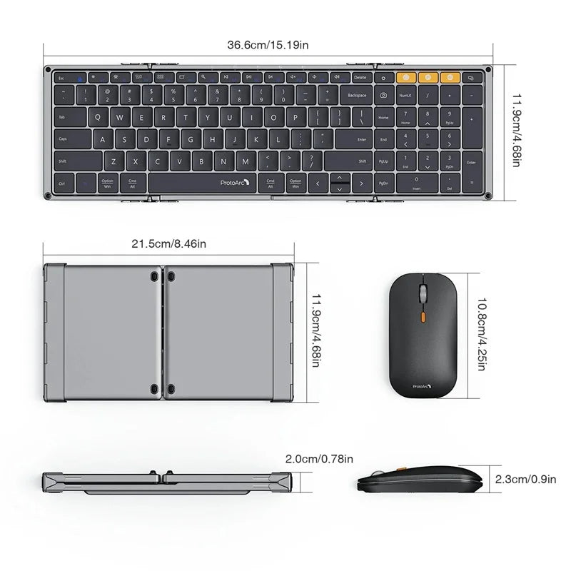 ProtoArc Foldable Keyboard and Mouse, XKM01 Combo for Business Travel 2.4G+Dual Bluetooth Portable for Laptop iPads Tablets