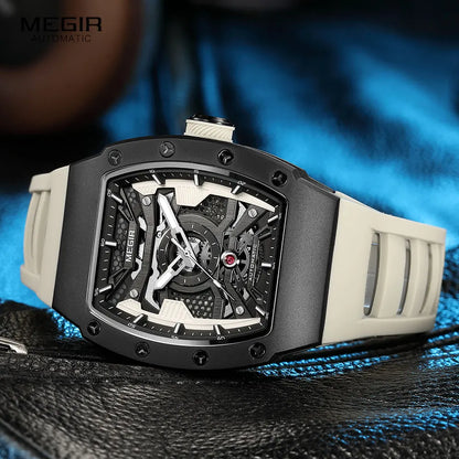 MEGIR Men's Automatic Mechanical Watch with Stainless Steel Case Silicone Strap Fashion Waterproof Luminous Wristwatch 8604