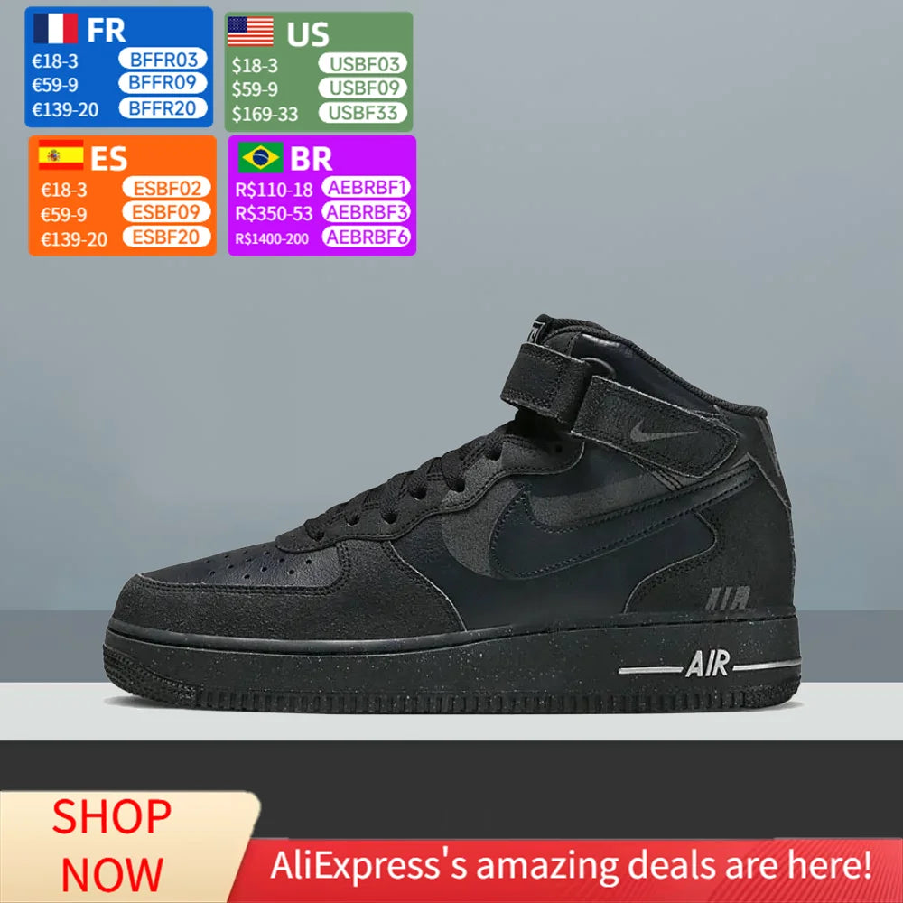 „Nike Air Force 1 Mid Top“ unisex klasikiniai sportiniai bateliai, su paminkštinimu, patogūs ir patvarūs, skirti kasdieniam neformaliam stiliui DQ7666-001