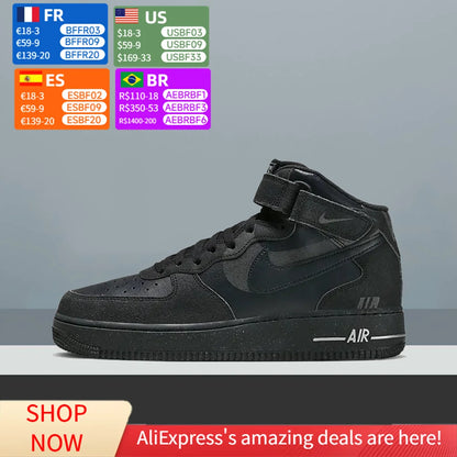 „Nike Air Force 1 Mid Top“ unisex klasikiniai sportiniai bateliai, su paminkštinimu, patogūs ir patvarūs, skirti kasdieniam neformaliam stiliui DQ7666-001