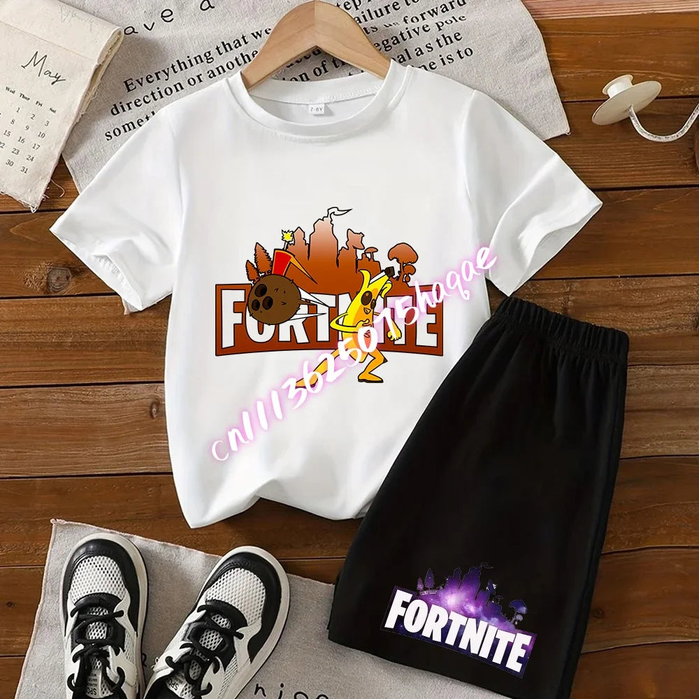Fortnite Series T-shirt Shorts Suit for Children Hot Game Top and Pants Set Summer Cute Home Loungewear Outfit Birthday Gift