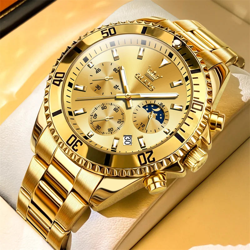 Relógio OLEVS para homem, marca de luxo, relógio militar de quartzo dourado, estanque, data luminosa, caixa em aço inoxidável.