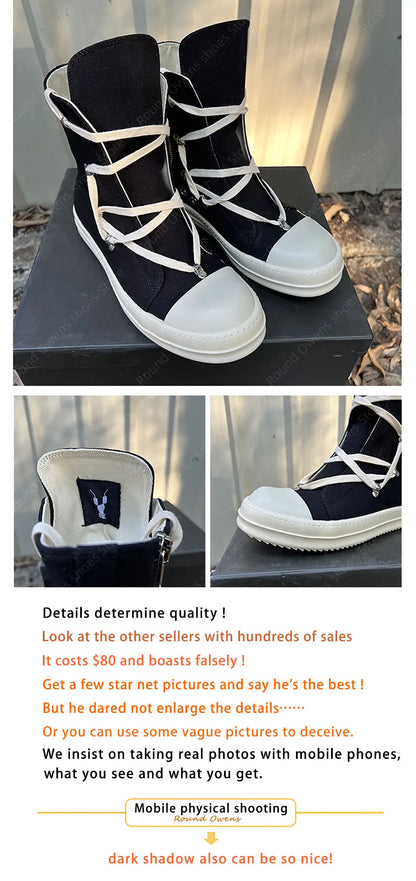 Casual High Top Quality Black Designer Men Leather Shoe Ro Pentagram Thick-sole Zip Flat Canvas Luxury Women Ankle boot Sneakers