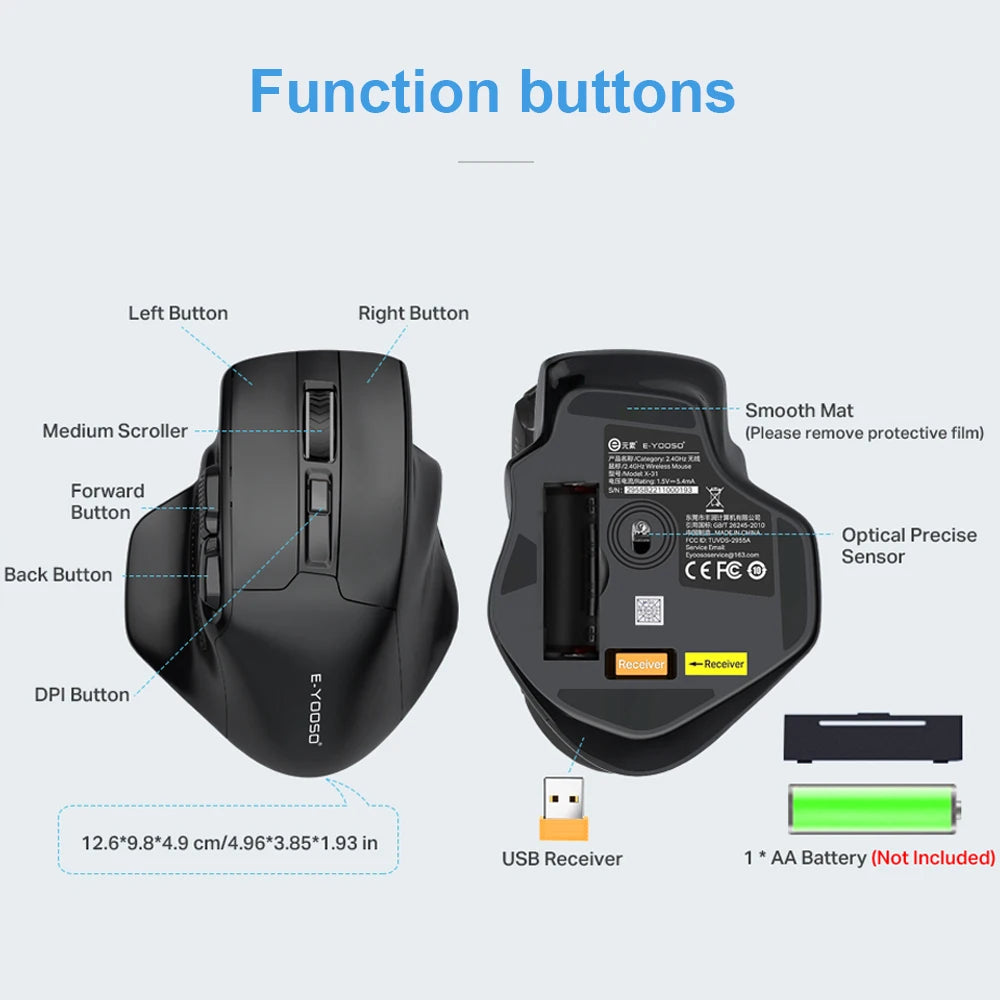 E-YOOSO X-31 ratón gaming inalámbrico USB 2.4G grande para manos grandes PAW3212 4800 DPI 5 botones para gamer, ordenador portátil y PC