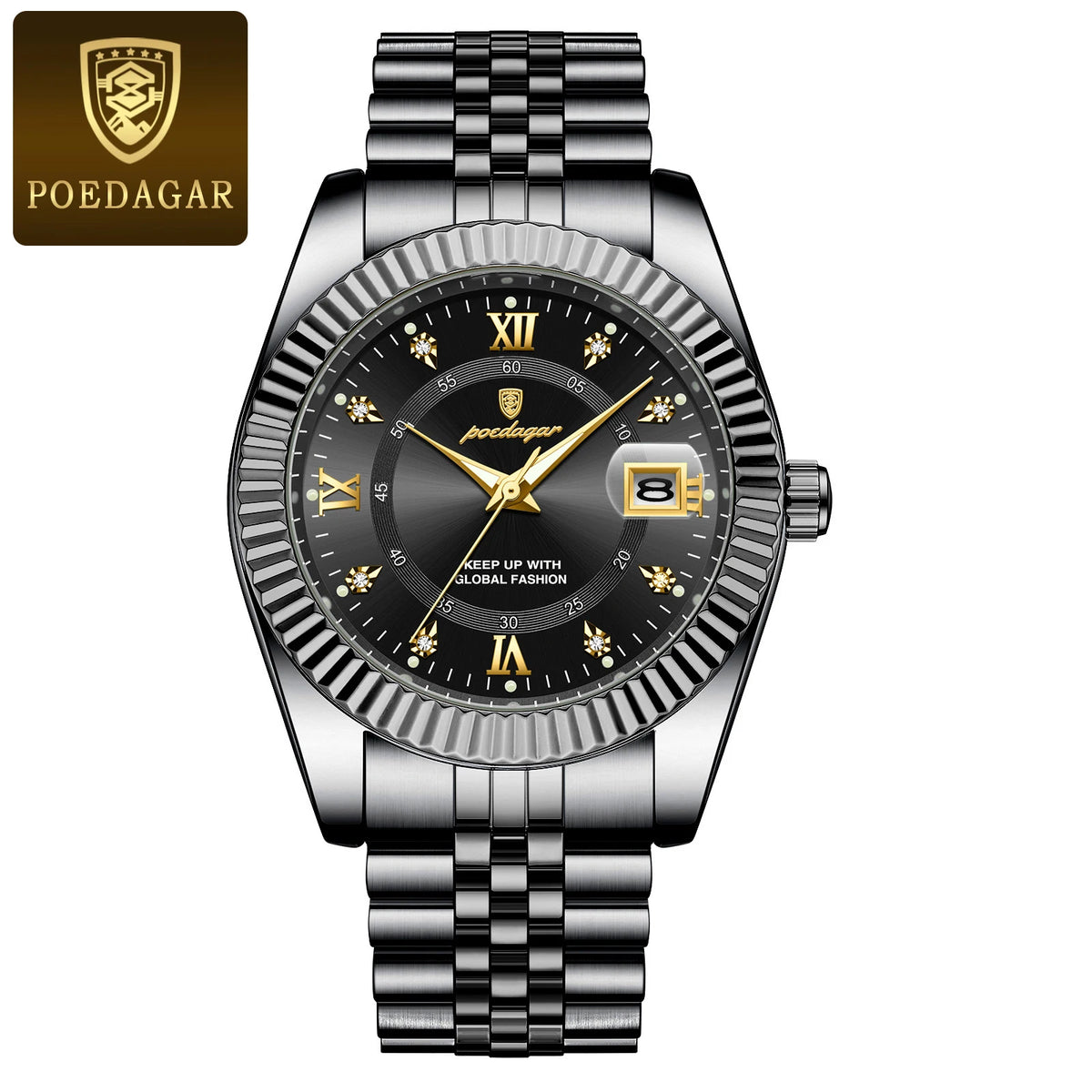 POEDAGAR Herrenuhr – Luxusmodell, wasserdicht, aus Edelstahl, mit Leuchtanzeige, im Militärstil, mit Datumsanzeige, Quarzwerk, ideal für die Arbeit oder berufliche Anlässe.