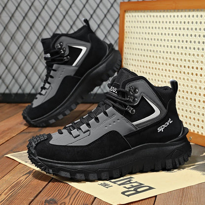 Black and Tan Mid-Top Hiking Boots Suede and Leather Platform Sneakers Non-Slip Outdoor Casual Shoes with Rugged Sole for All