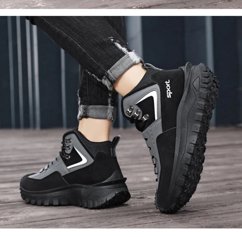 Black and Tan Mid-Top Hiking Boots Suede and Leather Platform Sneakers Non-Slip Outdoor Casual Shoes with Rugged Sole for All