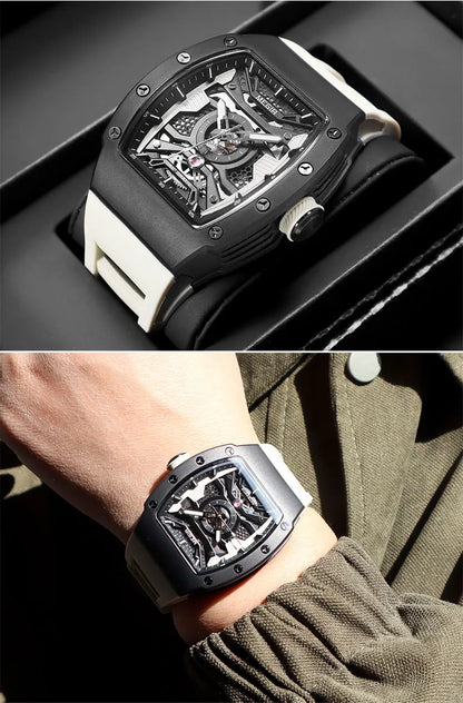 MEGIR Men's Automatic Mechanical Watch with Stainless Steel Case Silicone Strap Fashion Waterproof Luminous Wristwatch 8604