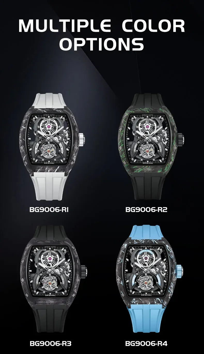 BONEST GATTI Men Automatic Mechanical Watch Skeleton Dial Sapphire Crystal Fluororubber Strap Waterproof Luminous Business watch