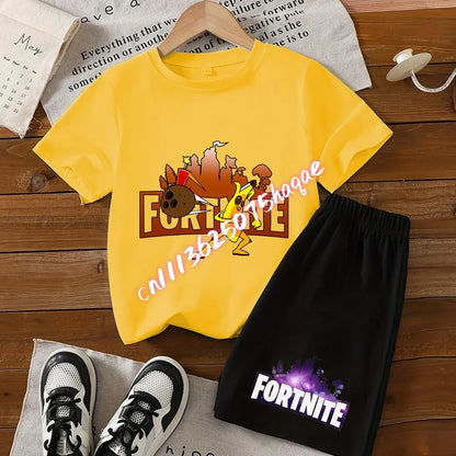 Fortnite Series T-shirt Shorts Suit for Children Hot Game Top and Pants Set Summer Cute Home Loungewear Outfit Birthday Gift