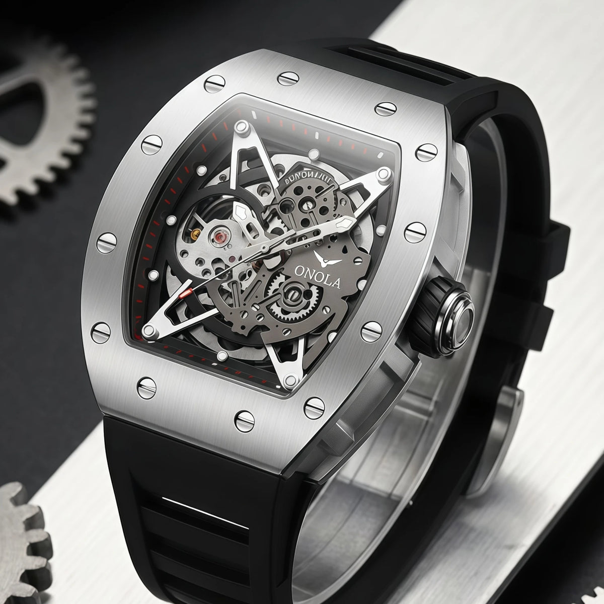 ONOLA Luxury Automatic Watch Men Fashion Hollow Silicone Waterproof Mechanical Watch Men Military Sports Watch Clock