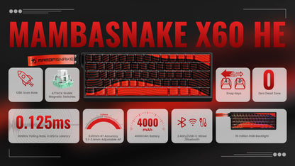 ATTACK SHARK x MAMBASNAKE X60 HE 8K Rapid Trigger Keyboard Magnetic Switch, Tri-Mode Connection, 0.01mm Rapid Trigger Accuracy