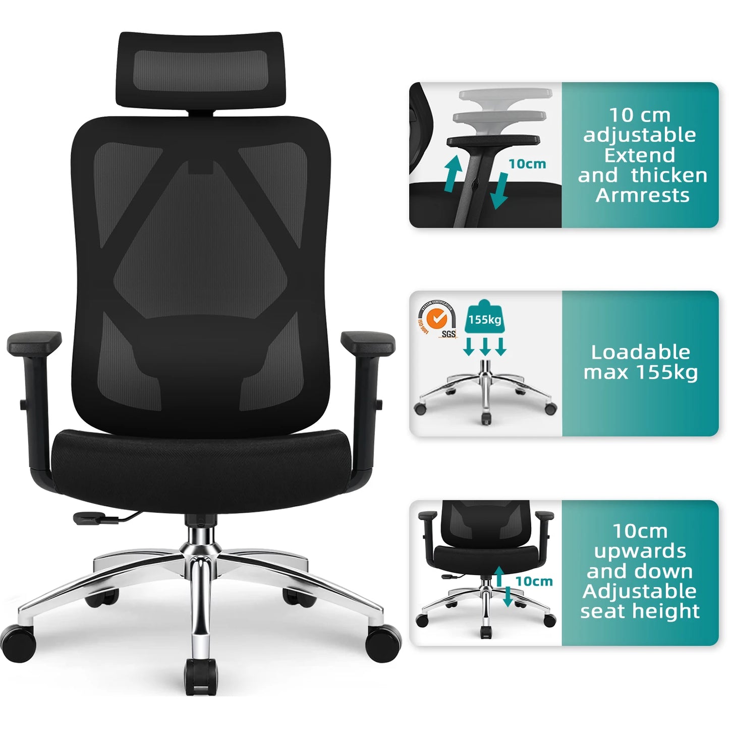 Daccormax Ergonomic Office Chair with 3D Lumbar Support, Mesh Desk Chair, Adjustable Headrest, Reclining Swivel Computer Chair for Home Office
