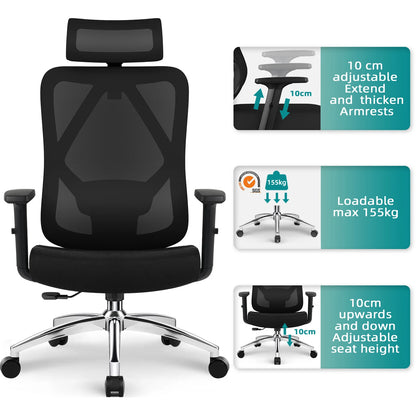 Daccormax Ergonomic Office Chair with 3D Lumbar Support, Mesh Desk Chair, Adjustable Headrest, Reclining Swivel Computer Chair for Home Office
