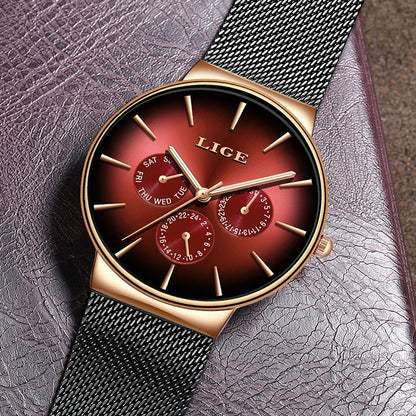 LIGE women’s watch, elegant and on-trend – sporty-casual style, mesh strap, quartz movement, date and day display, water-resistant.