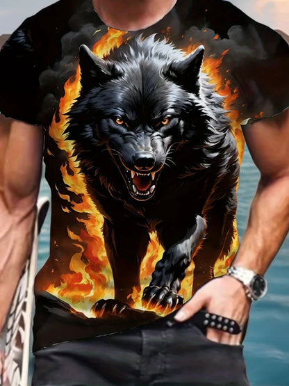 Pánske tričko s 3D vzorom a grafickým potlačou „Fire Wolf“, letné oversized tričko na voľný čas, pánska móda, fitness, oblečenie s krátkym rukávom, topy