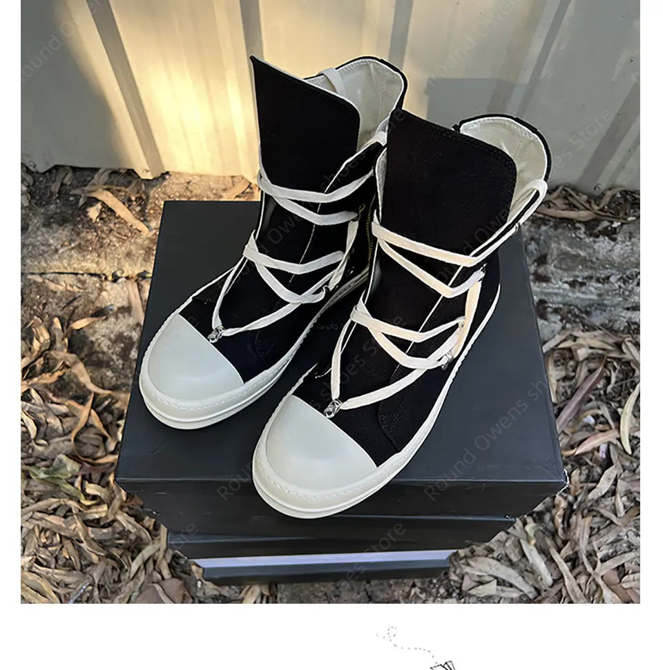 Casual High Top Quality Black Designer Men Leather Shoe Ro Pentagram Thick-sole Zip Flat Canvas Luxury Women Ankle boot Sneakers