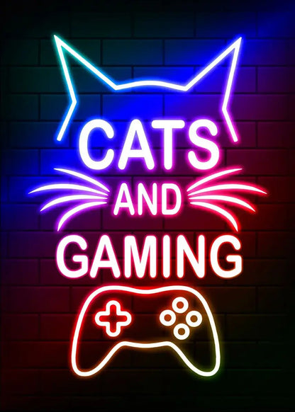 Nordic Cat and Gaming Controller Quotes Poster Modern Canvas Painting for Wall Art Mural Gamer Boys Girls Room Decor (not Neon)