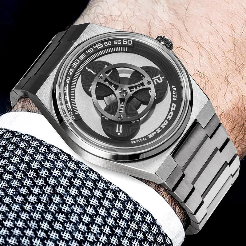 PINDU Turntable Creative Watch Miyota 8215 With Pointerless Design Trendy Steel Business Mechanical Watches Luminous Waterproof