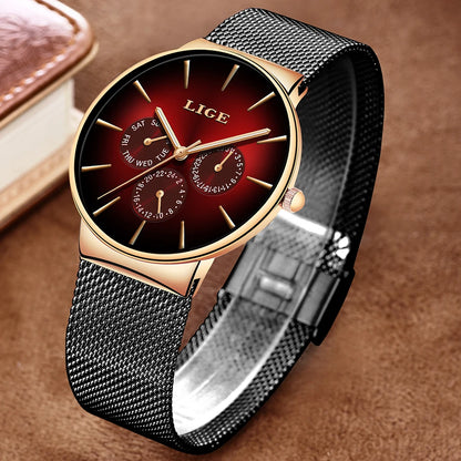 LIGE women’s watch, elegant and on-trend – sporty-casual style, mesh strap, quartz movement, date and day display, water-resistant.