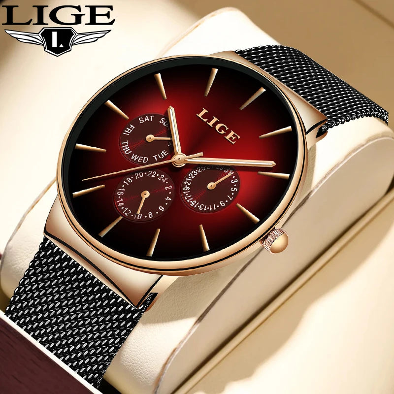 LIGE women’s watch, elegant and on-trend – sporty-casual style, mesh strap, quartz movement, date and day display, water-resistant.