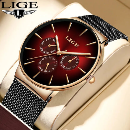 LIGE women’s watch, elegant and on-trend – sporty-casual style, mesh strap, quartz movement, date and day display, water-resistant.
