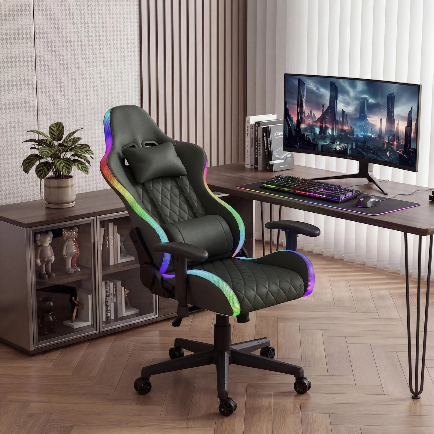Ergonomic Office Chair with Lumbar Massage, RGB LED Lighting, Reclining Backrest, Adjustable Armrests & Executive Gaming Chair for Home Office
