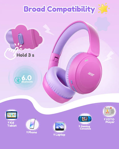 Casque Bluetooth 6.0 pour enfants Acer OHR668, limiteur de volume 85/94 dB, casque sans fil pliable à porter sur les oreilles, autonomie de 60 heures, microphone intégré.