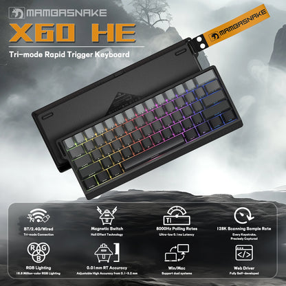 ATTACK SHARK x MAMBASNAKE X60 HE 8K Rapid Trigger Keyboard Magnetic Switch, Tri-Mode Connection, 0.01mm Rapid Trigger Accuracy