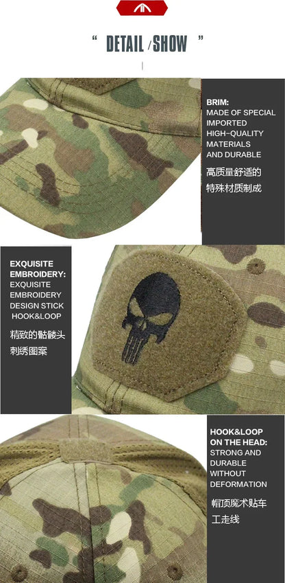 Baseballkappe im Camouflage-Look, aus atmungsaktivem Netzgewebe, taktische Camo-Kappe der Special Forces, mit Totenkopf- und Enten-Schirm